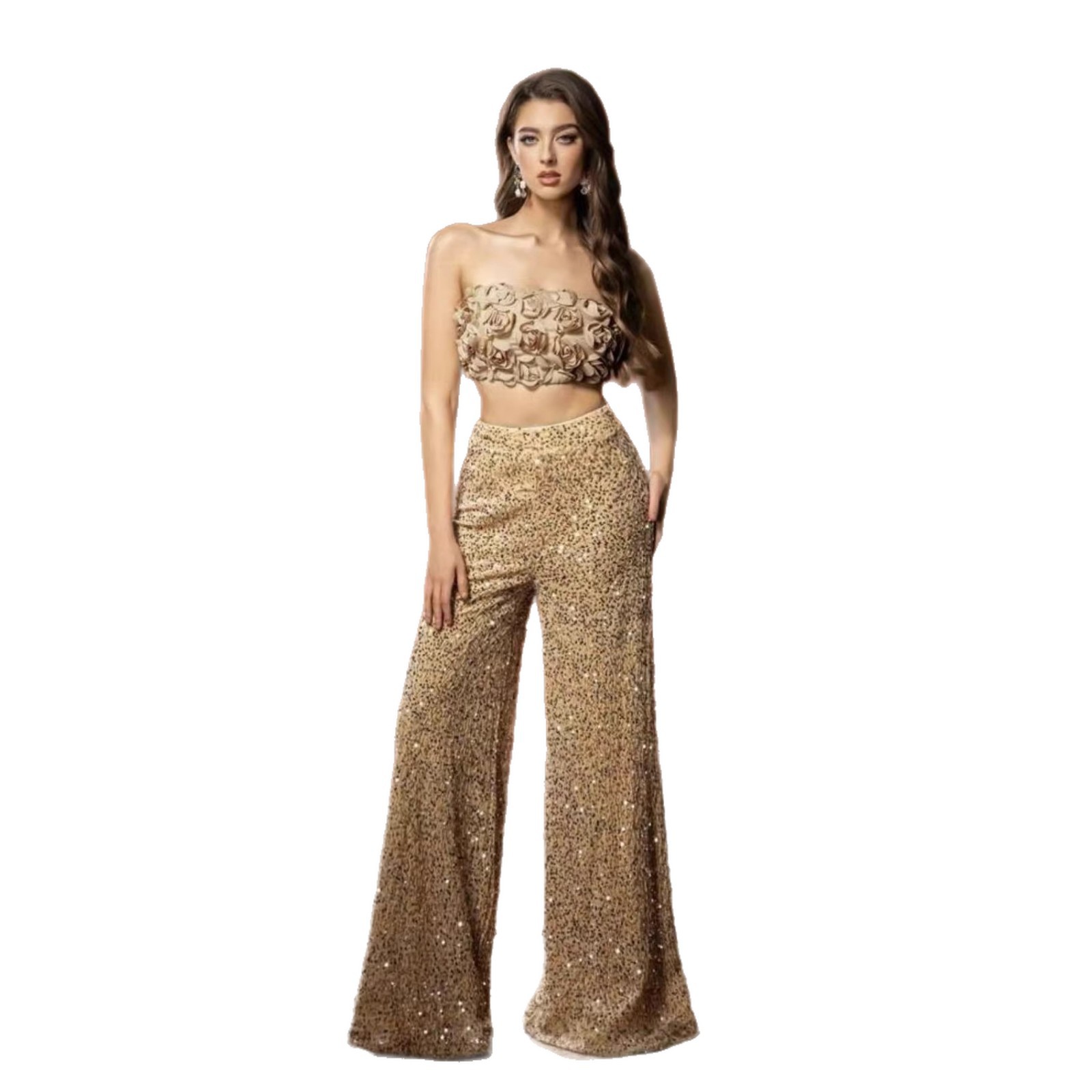 Solid Color Sequin Wide Leg Pants High Waist Slimming Dress Pants - Image 5