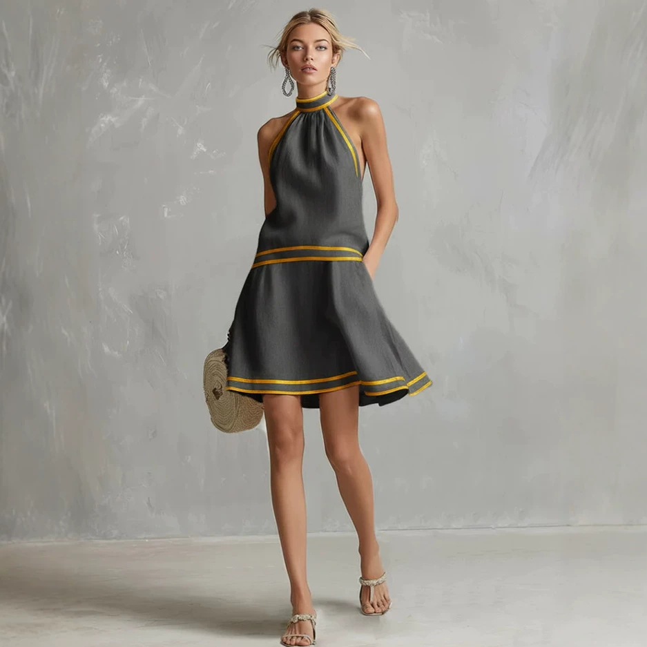 Halter Neck Striped Trim Dress - Image 5