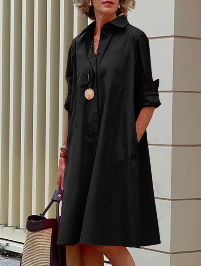 Women Solid Color Polo Collar Long Sleeve Mid-Length Dress - Image 4