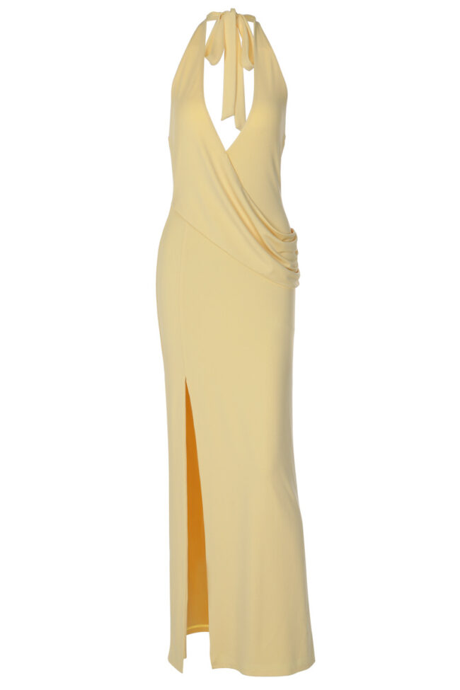 Halter Neck Deep V Backless Slit Dress Detail – La Rose Couture Dresses & Gowns
