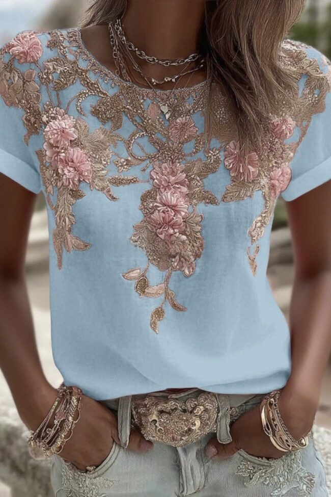 The Camille Long Sleeved Loose Printed T Shirt Detail – La Rose Couture Tops & Blouses