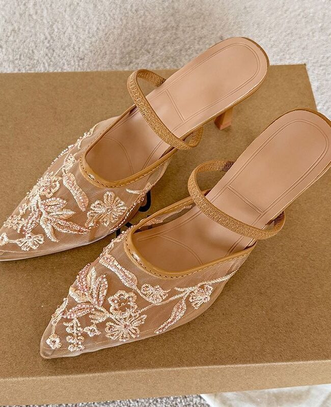 The Faustine Lace Pointed Toe Mule Sandals Detail – La Rose Couture Shoes & Footwear