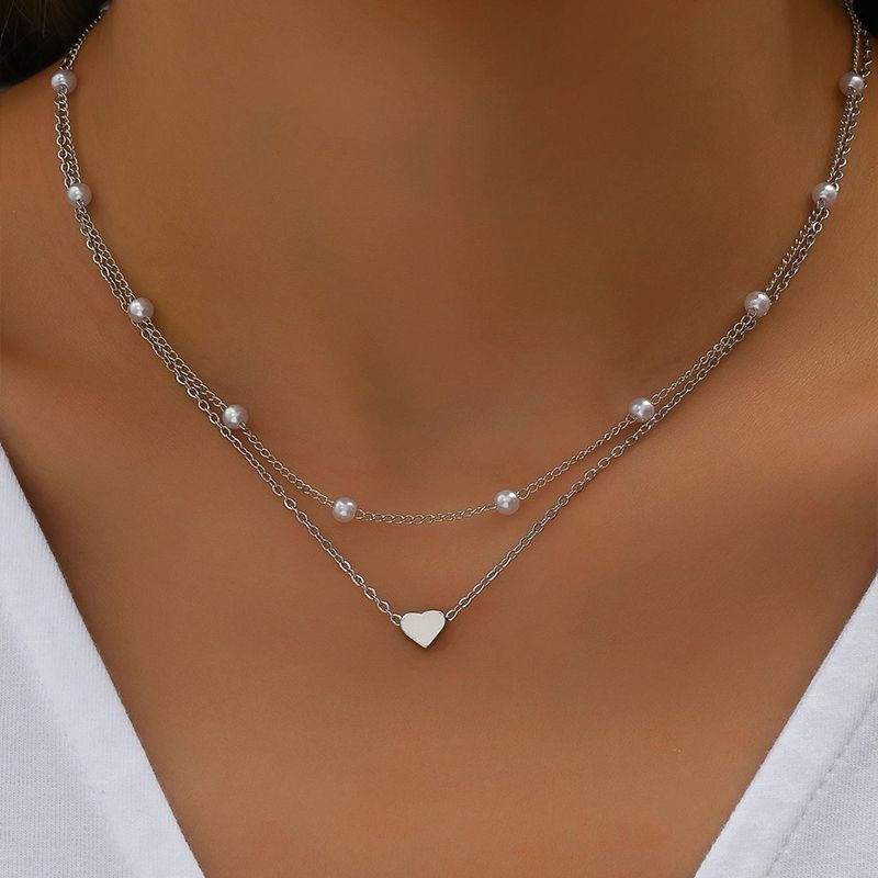 Fashion Imitation Pearl Layered Necklace with Heart Pendant for Women Men - Image 3