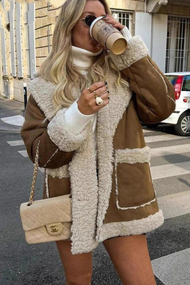 The Garance Simulated Suede Fabric Symmetrical Large Pocket Simple Coat – La Rose Couture Coats & Jackets
