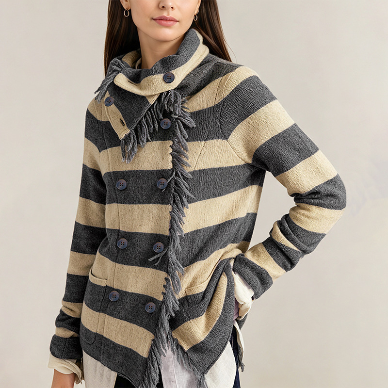 Women's Turtleneck Sweater Sweater Autumn and Winter Striped Loose - Image 5