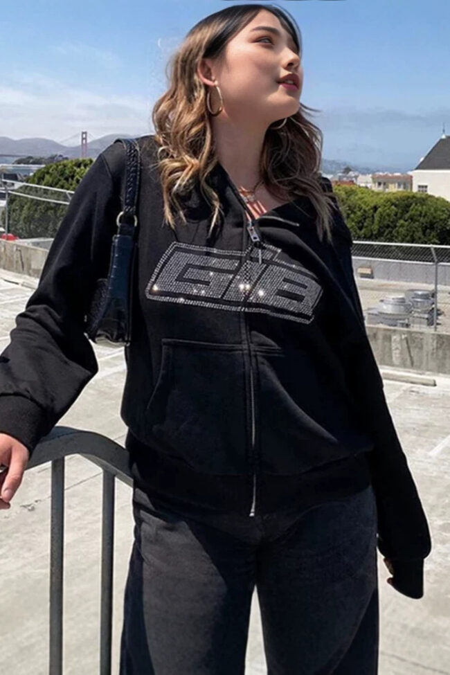 The Rosalie Zip Up Hoodie with Rhinestone Lettering Detail – La Rose Couture Tops & Blouses