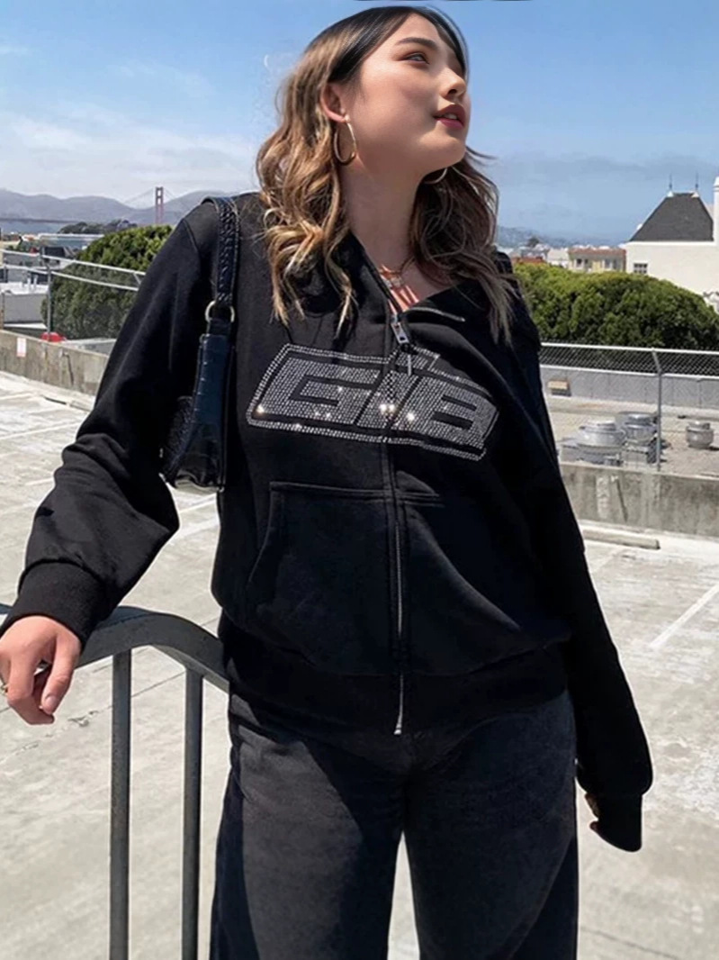 Zip Up Hoodie with Rhinestone Lettering - Image 4