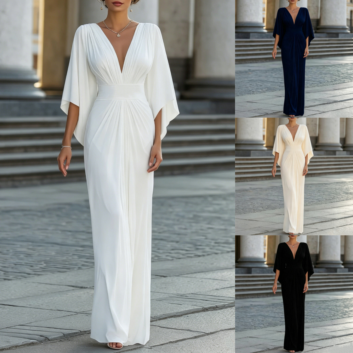 Women's V-neck pleated fitted long dress