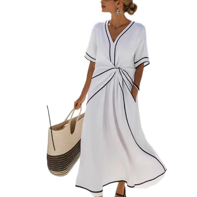 Womens Elegant V-Neck Short Sleeve A-Line Dress Loose Fit - Image 4