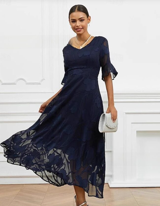 The Laure Elegant V Neck Jacquard a Line Midi Dress Detail – La Rose Couture Dresses & Gowns