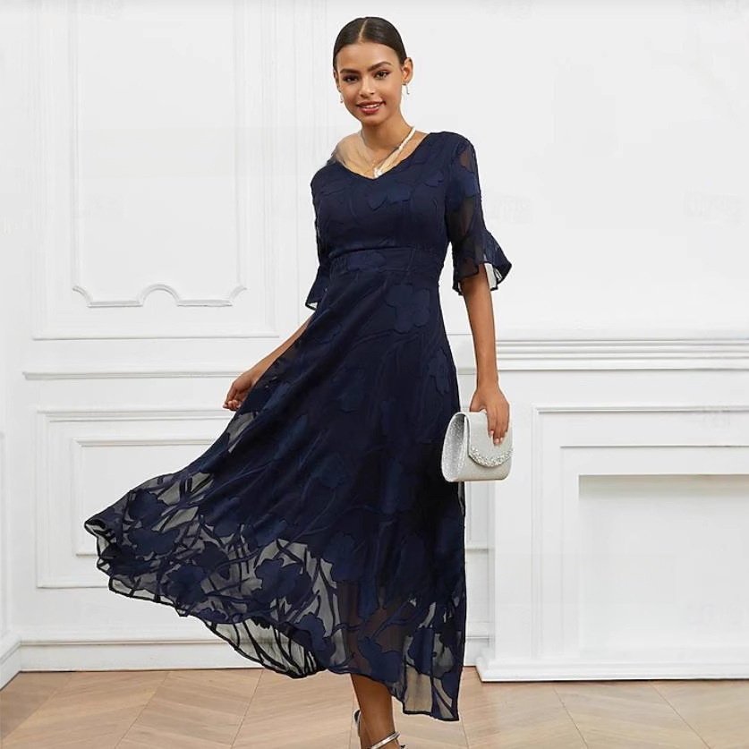Womens Elegant V-Neck Jacquard A-Line Midi Dress - Image 5