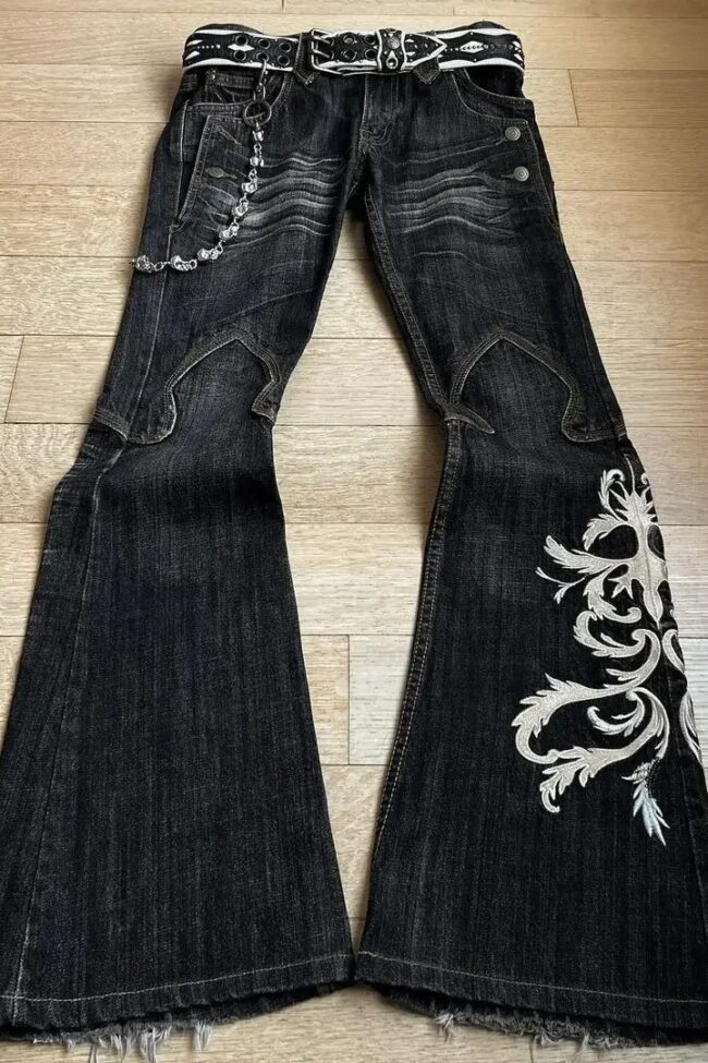 The Elodie Embroidered Bootcut Low Waist Jeans Detail – La Rose Couture Trousers & Skirts