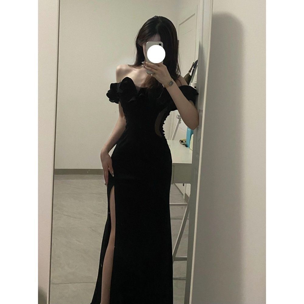 Elegant Off-Shoulder Ruffled Strapless Dress with High Slit - Image 2