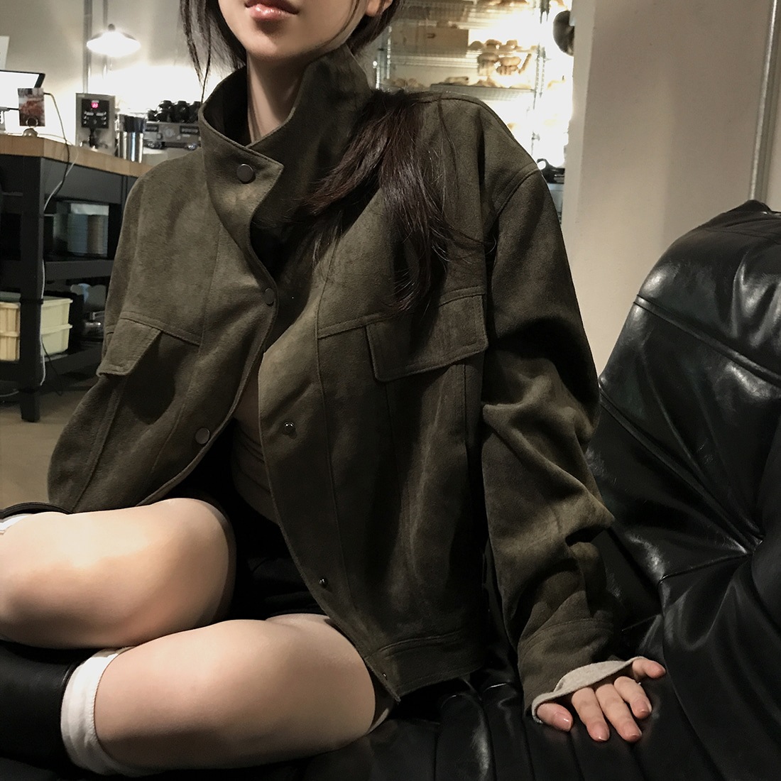 stand-collar loose jacket short coat for women