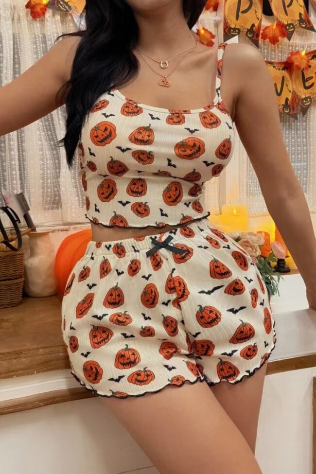 The Jeanne Pumpkin Print Bow Suspender Shorts Homewear Set Detail – La Rose Couture Trousers & Skirts