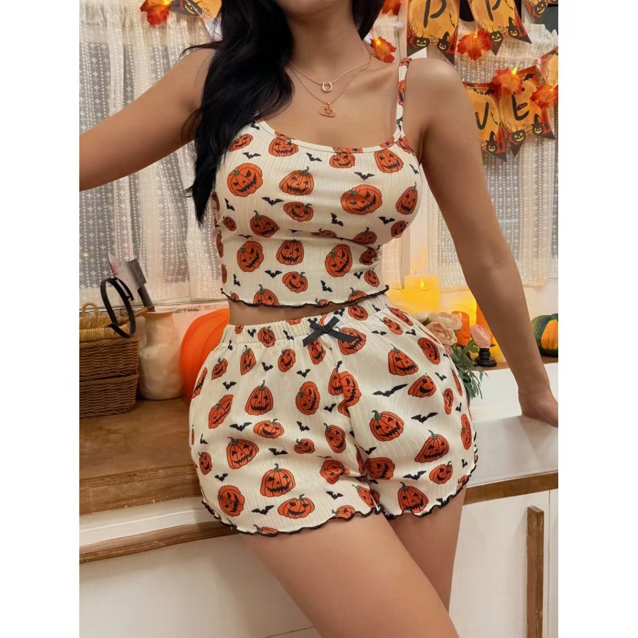 Pumpkin Print Bow Suspender Shorts Homewear Set - Image 2