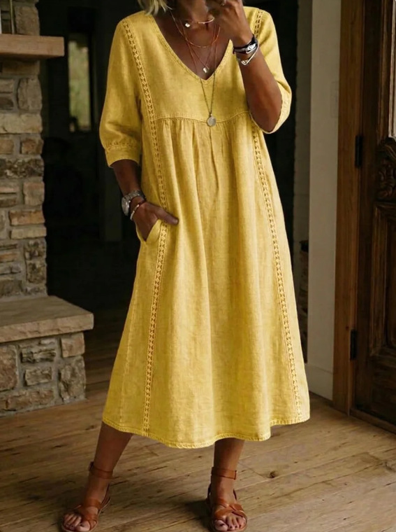Womens Casual Loose V-Neck Lace Trim Dress