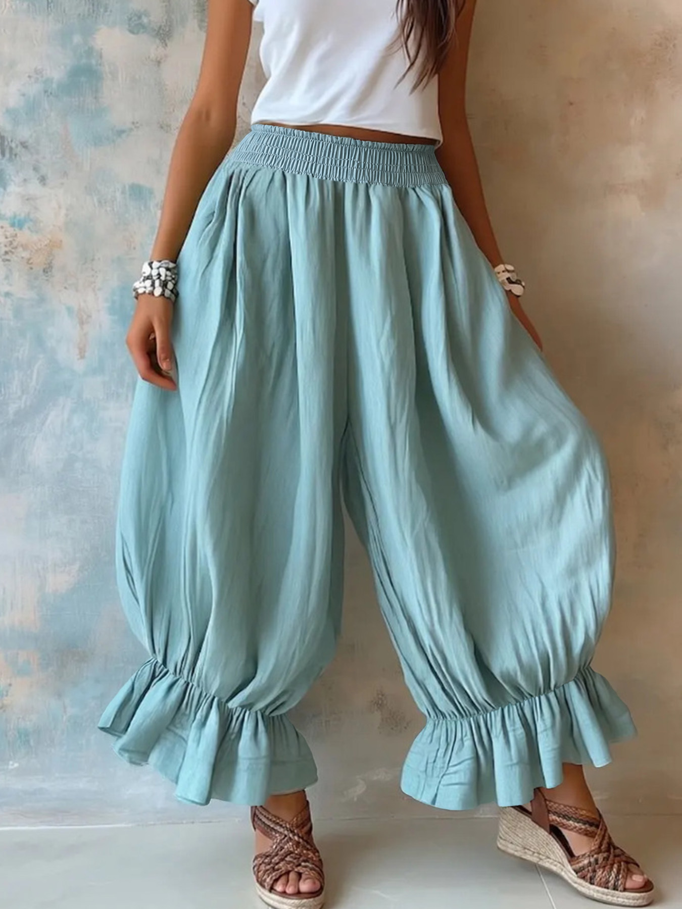 Womens Loose Ruffle Lantern Pants