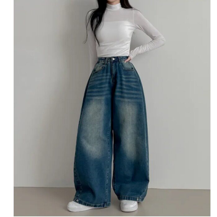 Vintage Washed Wide Leg Jeans with Ankle Button Detail - Image 2