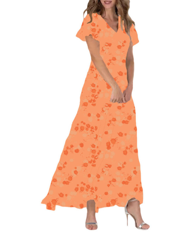 The Hortense Floral Print Chiffon V Neck Ruffled Swing Dress Short Sleeve Midi Beach Long Detail – La Rose Couture Dresses & Gowns
