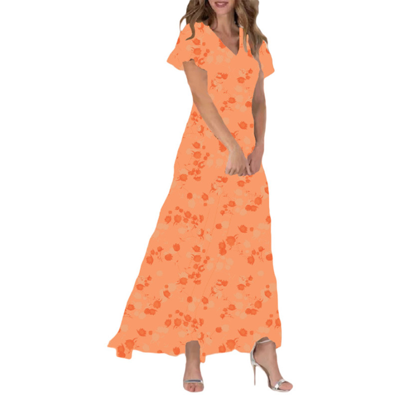 Womens Floral Print Chiffon V Neck Ruffled Swing Dress Short Sleeve Midi Beach Long Dress - Image 5