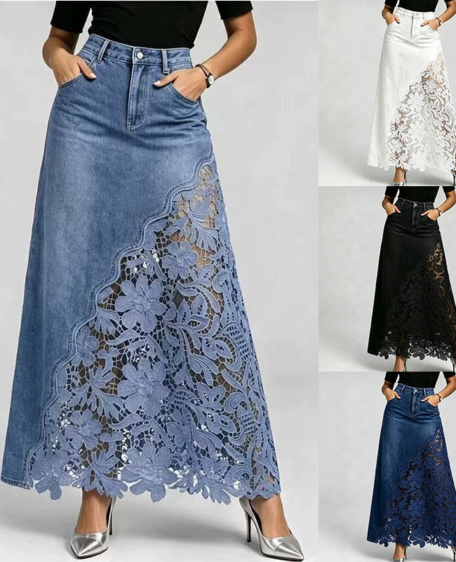 The Hortense Elegant Washed Denim Lace Patchwork Long Skirt – La Rose Couture Trousers & Skirts