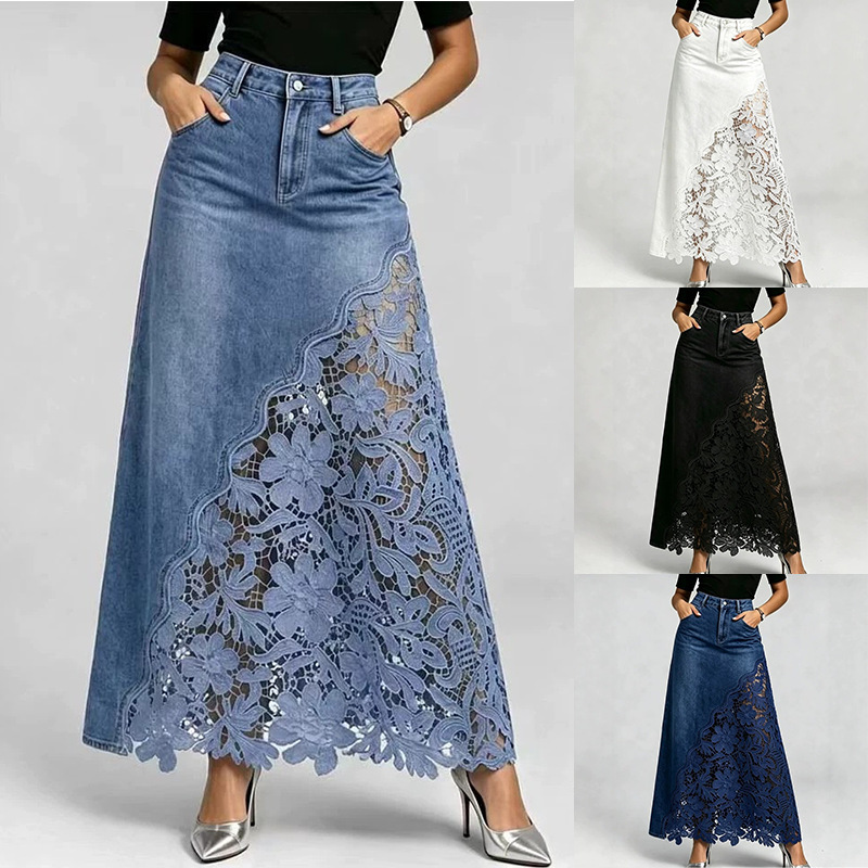 Elegant Washed Denim Lace Patchwork Long Skirt