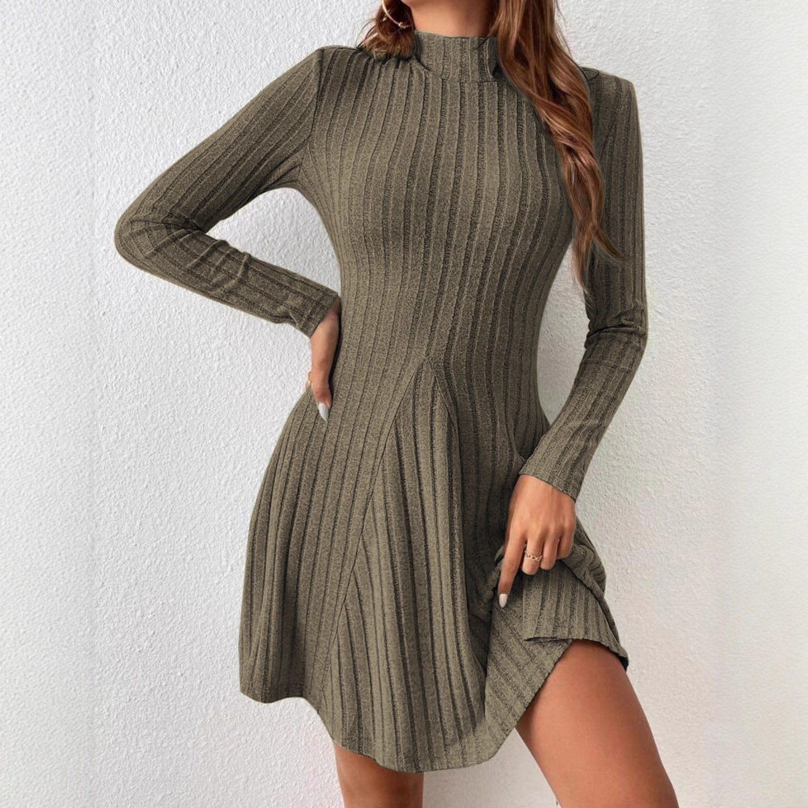 Fitted semi-high neck, waist-cinching long-sleeved dress - Image 2