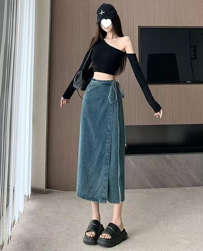 The Virginie Tie Up High Waisted Denim Skirt with Slit Detail – La Rose Couture Trousers & Skirts