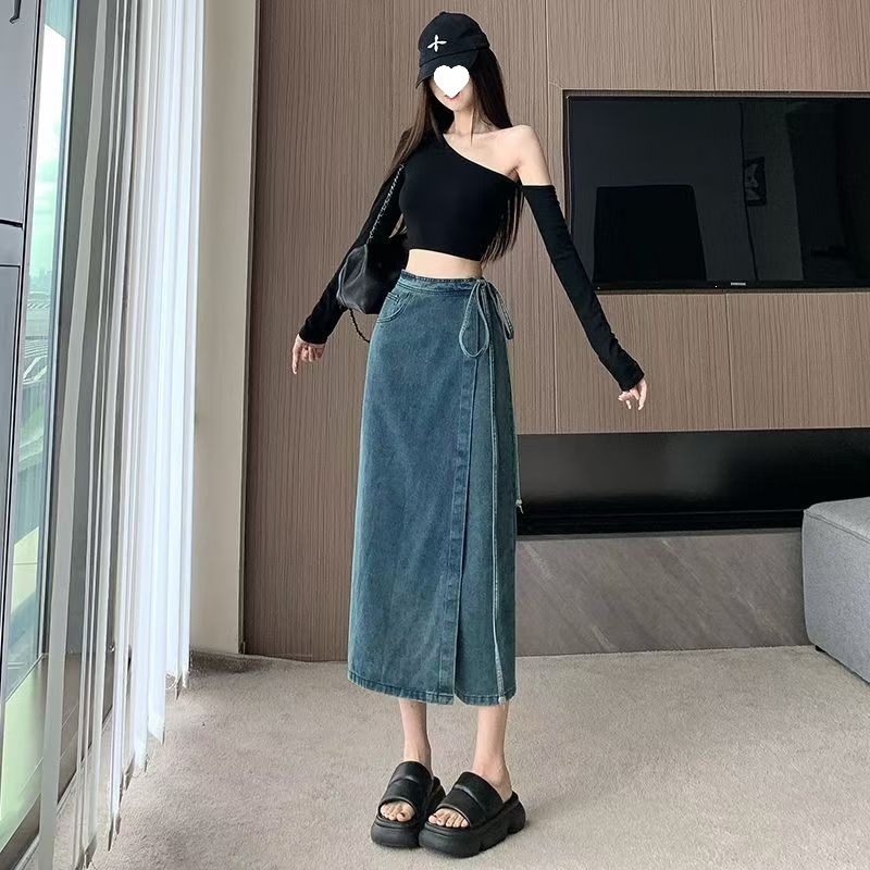Tie-Up High Waisted Denim Skirt with Slit - Image 2