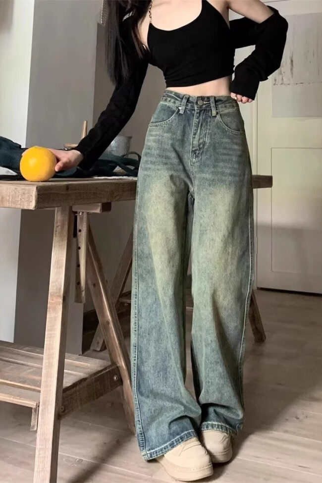 Vintage High Waist Straight Leg Denim Pants Detail – La Rose Couture Trousers & Skirts