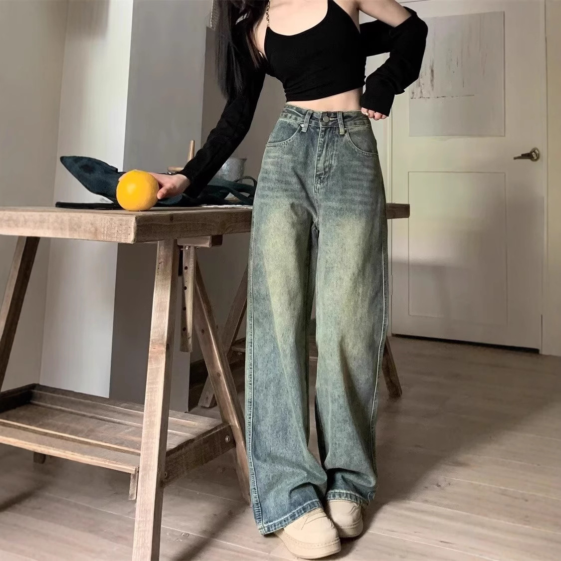 Women's Vintage High Waist Straight Leg Denim Pants - Image 2