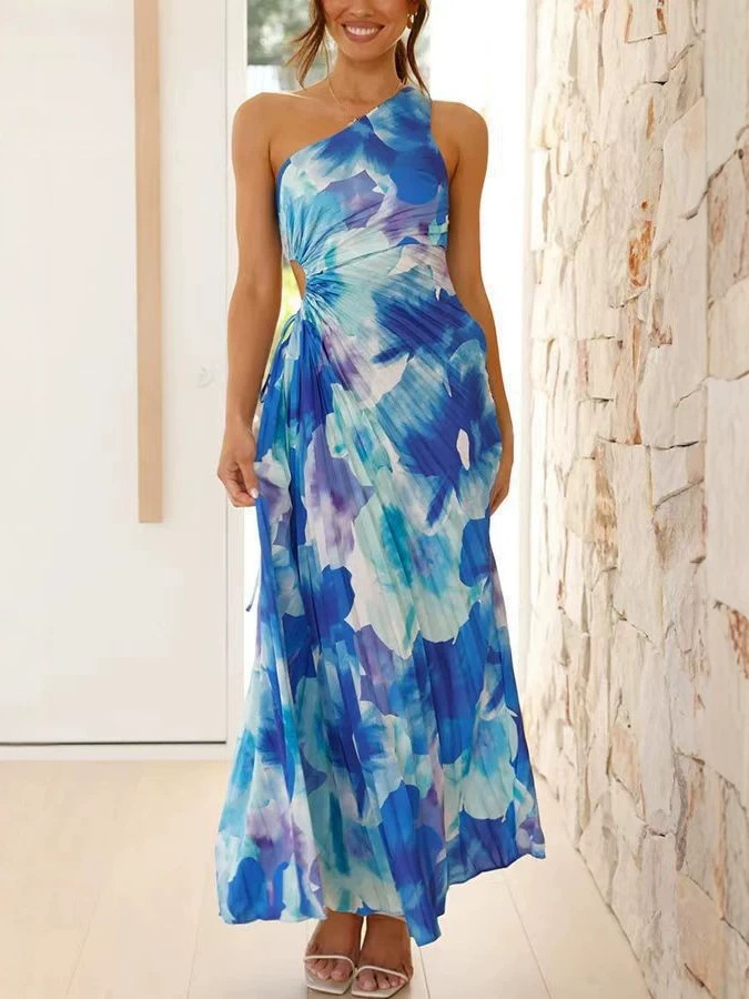 Elegant One-Shoulder Pleated Long Dress - Image 5