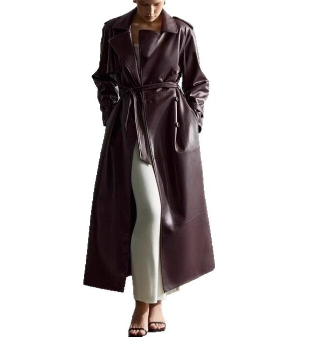 The Vivienne Deep Red Waist Cinching Belted Suit Collar Long Slim Fit Leather Coat Trench Jacket Detail – La Rose Couture Coats & Jackets