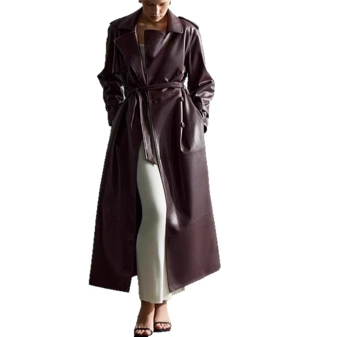 Deep Red Waist-Cinching Belted Suit Collar Long Slim-Fit Leather Coat Trench Coat Jacket - Image 2