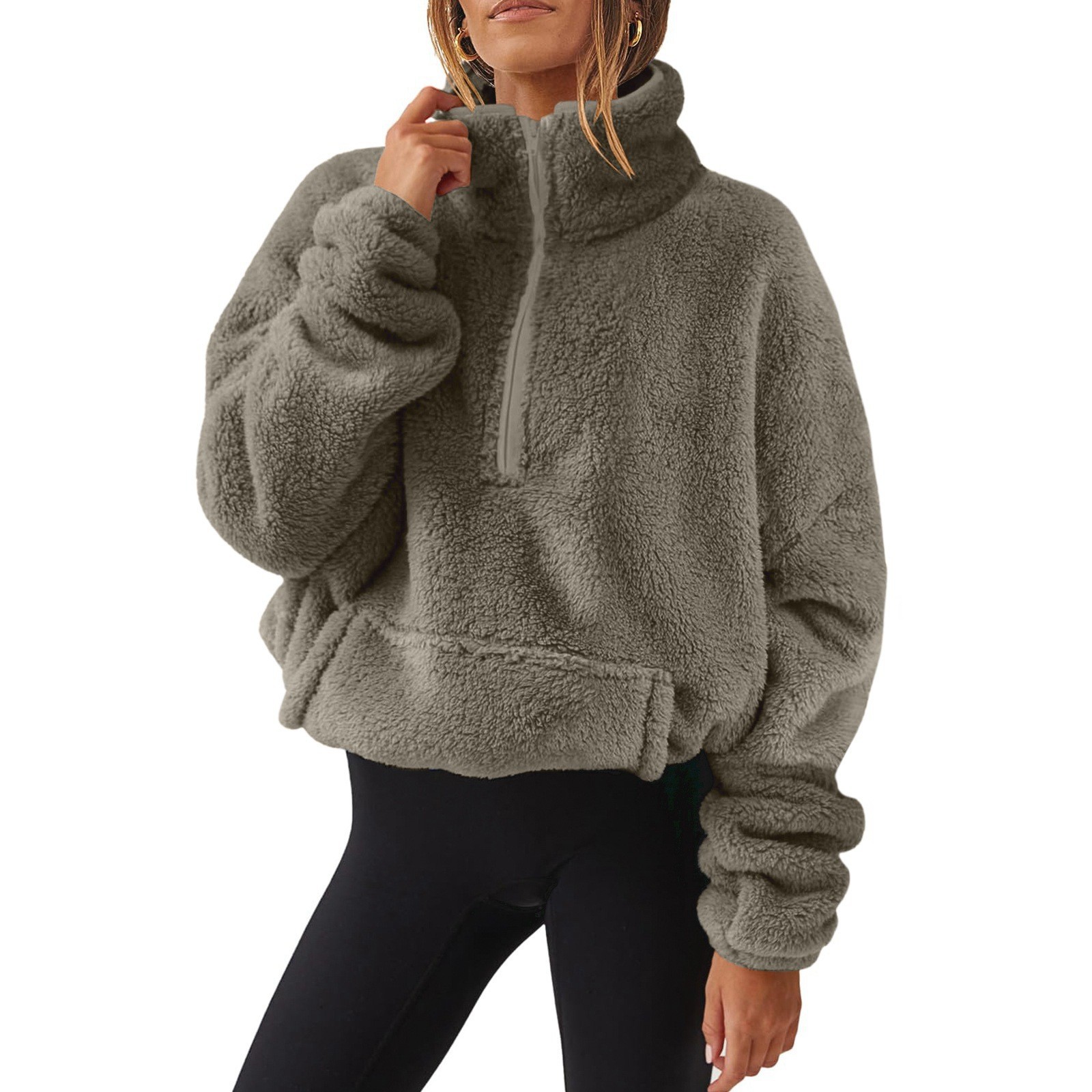 Womens Plush Fleece Half Zip Stand Up Collar Sweatshirt - Image 2