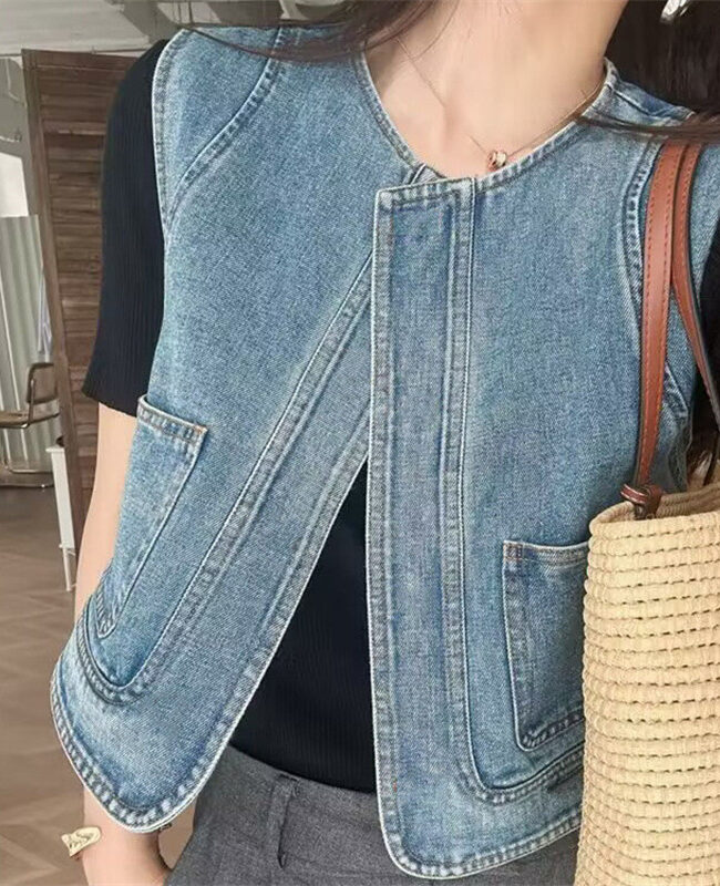 The Diane Vintage Minimalist Sleeveless Denim Blue Outerwear Vest Detail – La Rose Couture Coats & Jackets