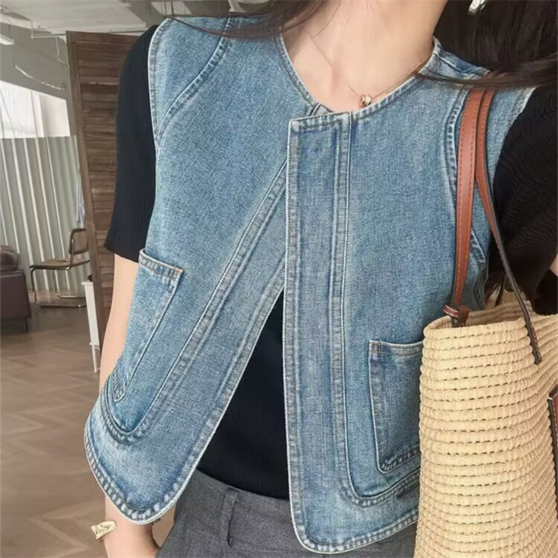 Women Vintage Korean Style Sleeveless Denim Blue Outerwear Vest - Image 3