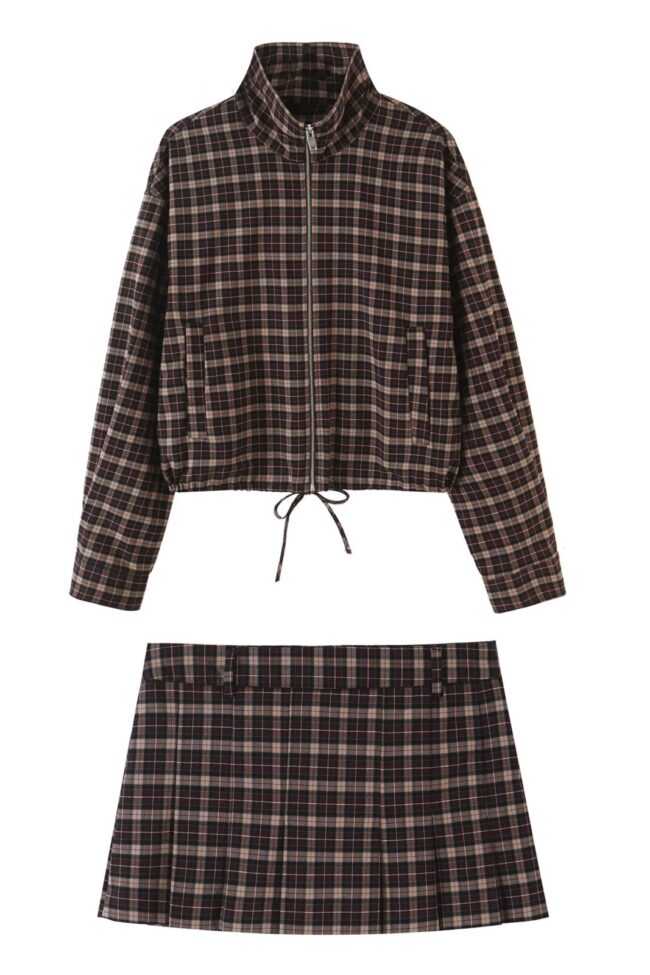 The Tiphaine Chain Plaid Jacket and Wide Pleated Skirt Pants Set – La Rose Couture Trousers & Skirts
