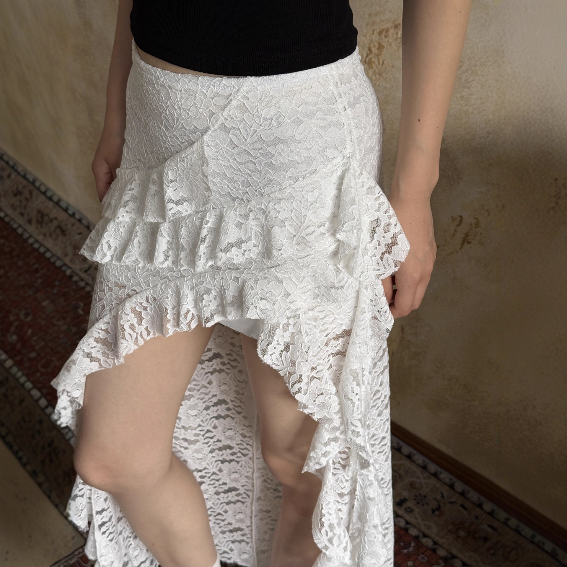 Women's Layered Mesh Overskirt with Irregular Hem and Lace Detail - Image 2