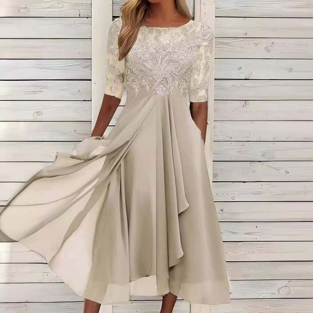 Elegant Chiffon Lace Spliced Dress - Image 2