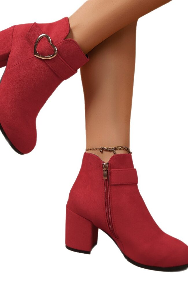 Heart Metal Buckle Suede Mid Heel Short Boots with Side Zipper Detail – La Rose Couture Shoes & Footwear