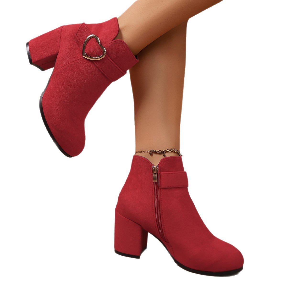 Women's Heart Metal Buckle Suede Mid-Heel Short Boots with Side Zipper - Image 5