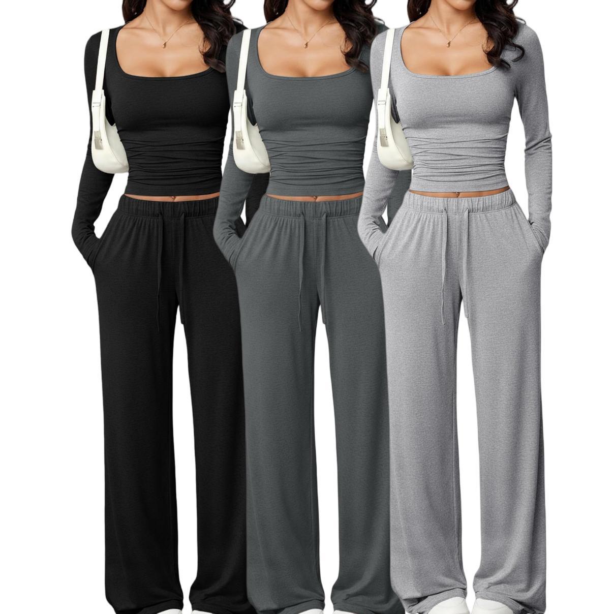 casual pants set with square-neck long-sleeve short top - Image 4