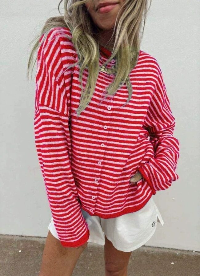 The Adele Striped Knit Button Front Long Sleeve Cardigan – La Rose Couture Coats & Jackets