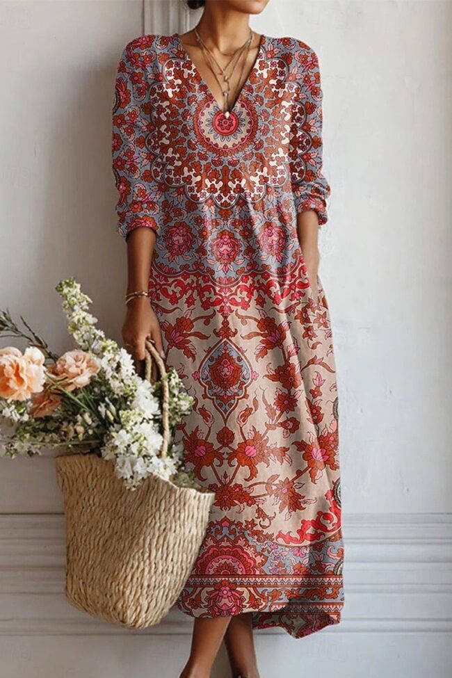 The Mathilde Printed V Neck Dress Detail – La Rose Couture Dresses & Gowns