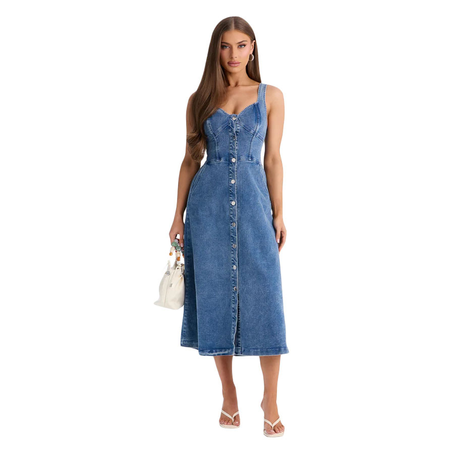 Strapless Flared Denim Dress - Image 5