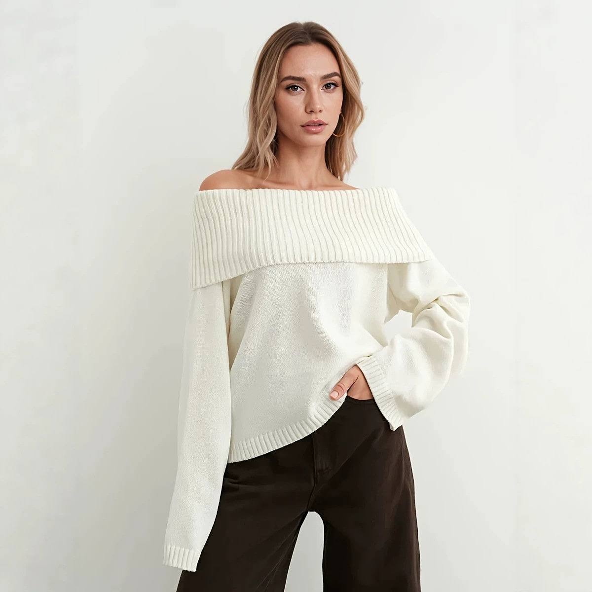 Off-Shoulder Knitted Pullover Sweater - Image 2