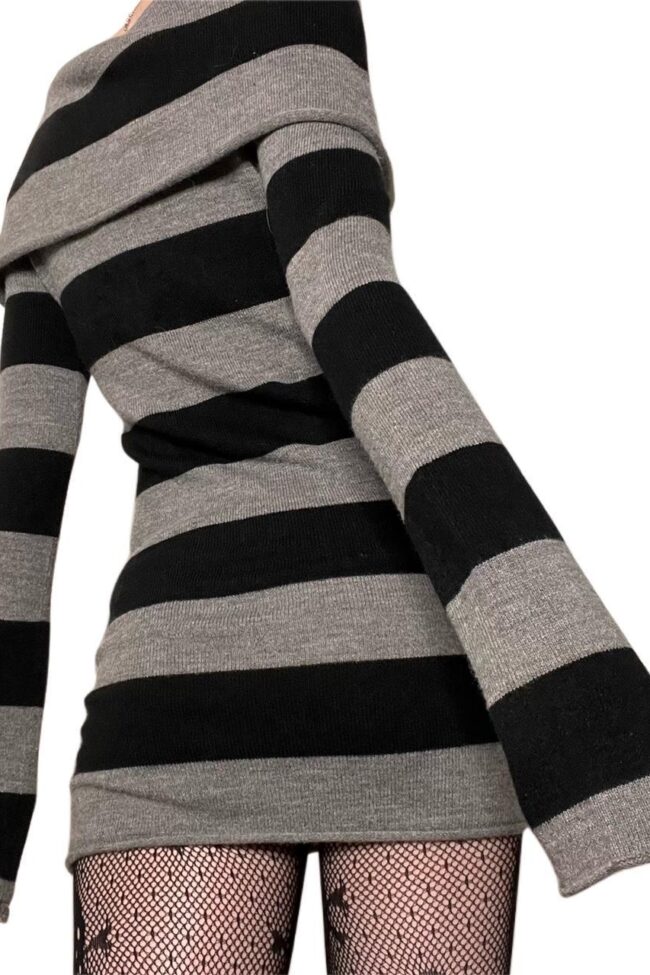 The Laurene Striped Off Shoulder Knitted Sweater Dress Detail – La Rose Couture Dresses & Gowns