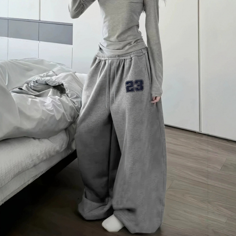 Men Letter Print Fleece-Lined High-Waist Wide-Leg Casual Pants - Image 2